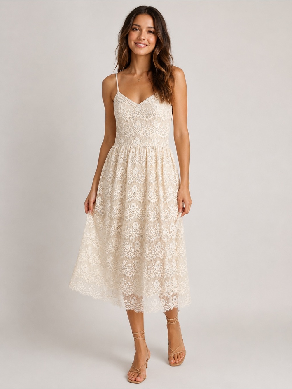 Lace Midi Slip Dress in Cream